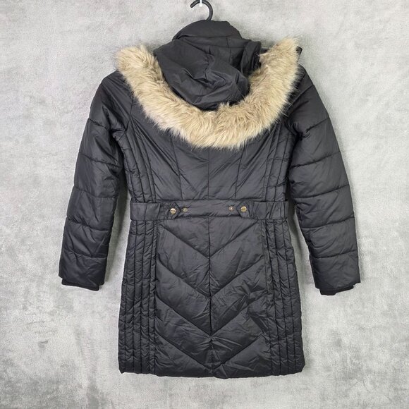 Womens Larry Levine Black Quilted Puffer Coat Full Zip & Snap Button Fur Hood M - Picture 5 of 8